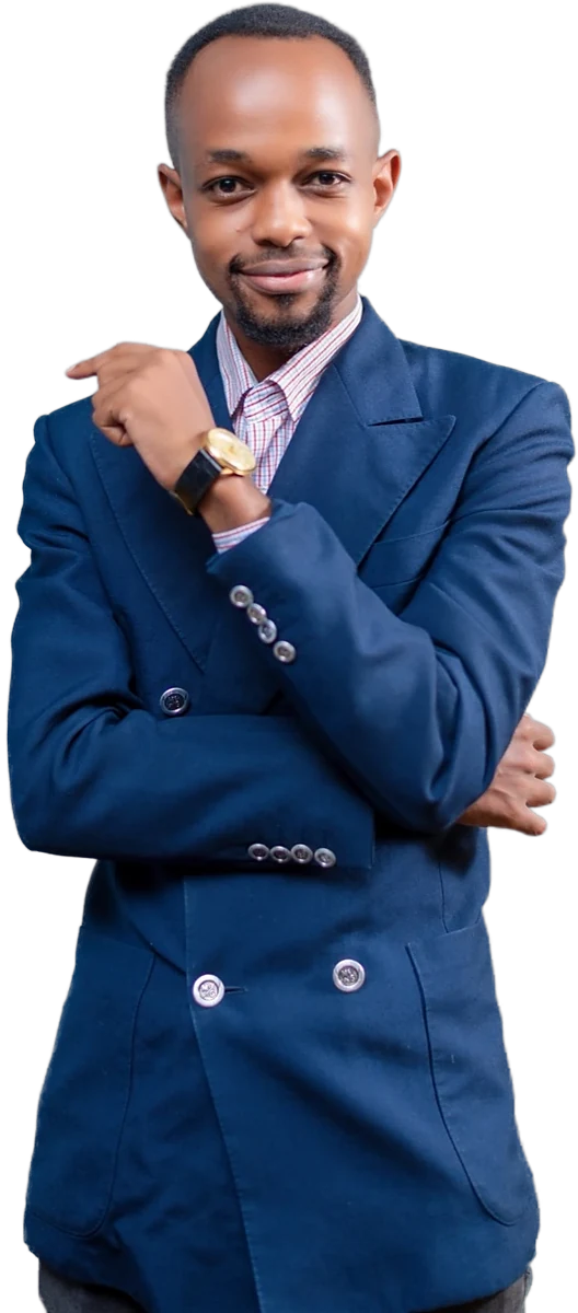 Tuti in a navy suit