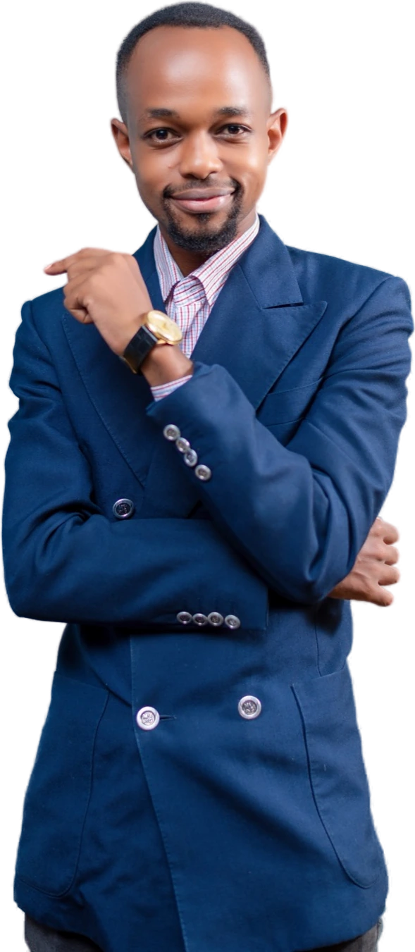 Tuti in a navy suit