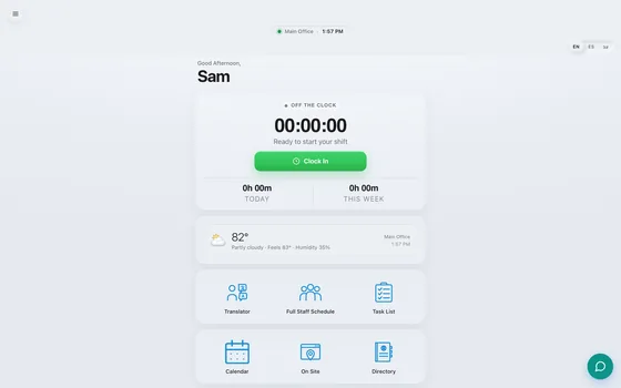 Staff view — shift clock, schedule and tasks