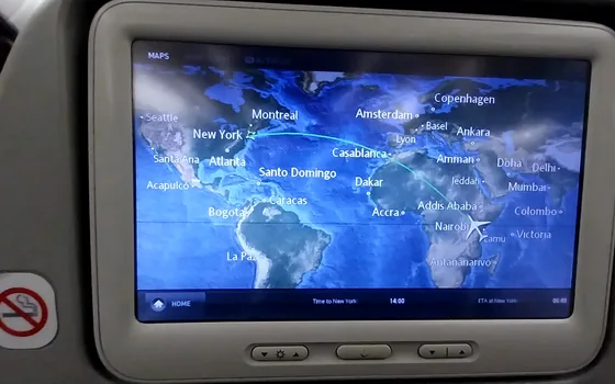 In-flight map showing the route from Nairobi to New York